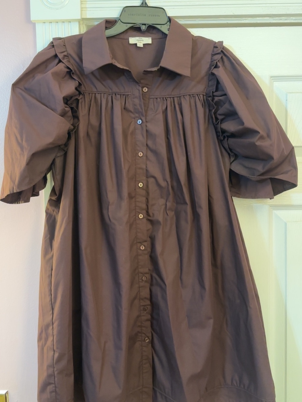 entro Brown Puff-Sleeve Button-Front Dress